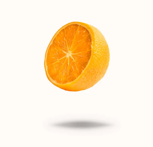 Flying Half Orange Fruit Isolated White Background Shadow Concept Food — Stock Photo, Image