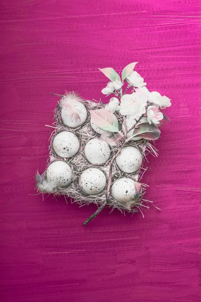 Easter Eggs Spring Blossom Pink Background Top View — Stock Photo, Image