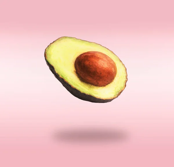 Vliegende Halve Avocado Met Zaad Roze Achtergrond Met Schaduw Concept — Stockfoto