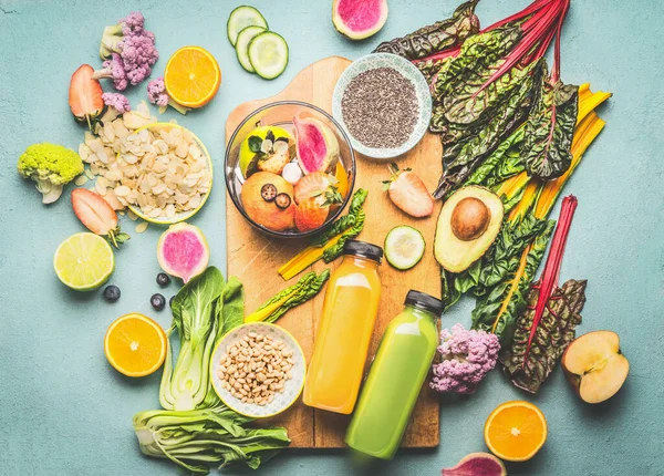 Healthy Smoothie Ingredients Mix Blender Kitchen Table Top View Summer — Stock Photo, Image