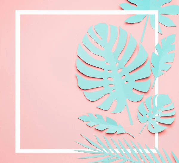 Turquoise Tropical Leaves Layout White Frame Paper Tropical Leaves Pink — Stock Photo, Image