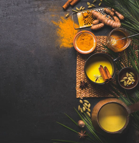 Top View Detox Turmeric Milk Preparation Ingredients Dark Background Top — Fotografia de Stock