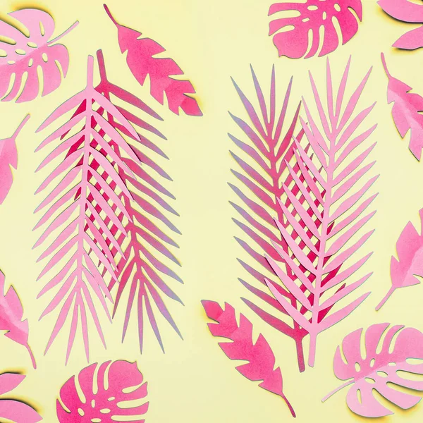 Pink Tropical Leaves Flat Lay Yellow Background Creative Layout Various — Stock Photo, Image