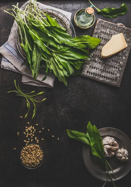 Fondo Comida Con Ramson Ajo Silvestre Hojas Racimo Mesa Cocina — Foto de Stock