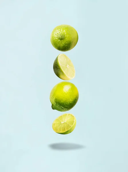 Flying Lime Blue Background Shadow Healthy Food — Foto de Stock