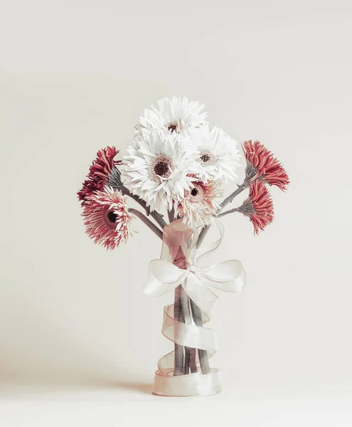 Beautiful Gerbera Flowers Bunch Ribbon Standing Light Background — Photo