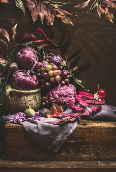 Still Life Purple Fruits Vegetables Wooden Table Crockery Napkin Autumn — Stock Photo, Image