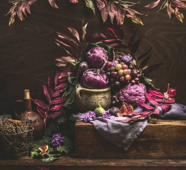 Still Life Purple Fruits Vegetables Wooden Table Autumn Leaves Copy — Stockfoto