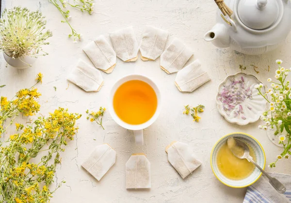 White Cup Frame Tea Bags Mock Herbal Tea White Table — Foto de Stock