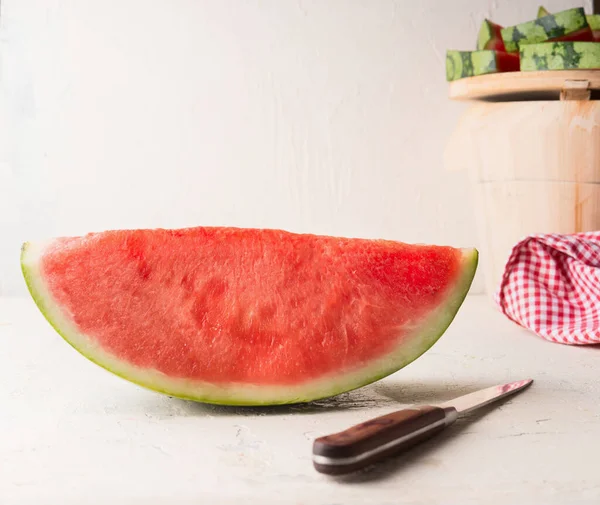 Piece Watermelon White Table Knife Juicy Refreshing Summer Food — Zdjęcie stockowe