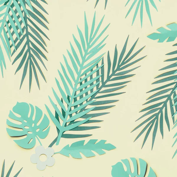 Turquoise Green Tropical Leaves Pastel Yellow Background Top View Flat — Stock Photo, Image