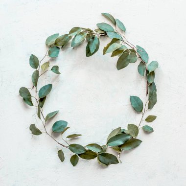 Beyaz arkaplanda yeşil yapraklı dallardan yapılmış çelenkler