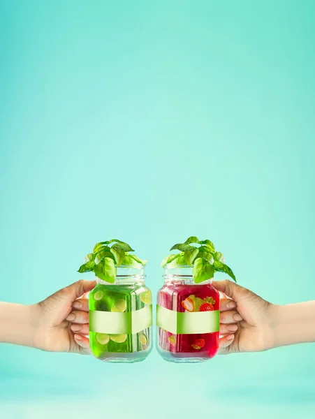 Female Hands Toasting Summer Drinks Red Green Refreshing Fruits Beverages — Stock Photo, Image