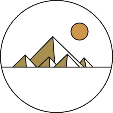 Çizgi film düz çöl manzarası. Mısır piramitleri ve beyaz arka planda güneş. Yuvarlak amblem vektör çizimi