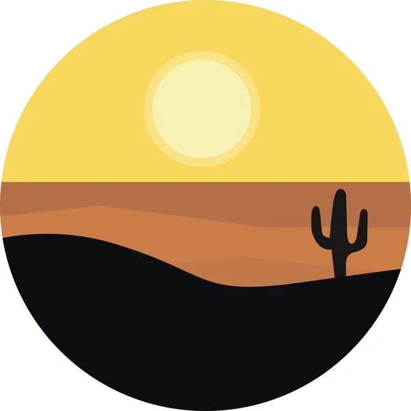 Çizgi film düz çöl manzarası. Kaktüs ve güneş. Yuvarlak amblem vektör çizimi