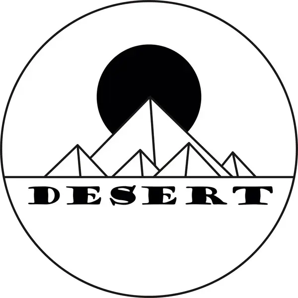 Çizgi film düz beyaz ve siyah çöl manzarası. Mısır piramitleri ve beyaz arka planda güneş. Üzerinde yazı olan yuvarlak amblem. Vektör illüstrasyonu