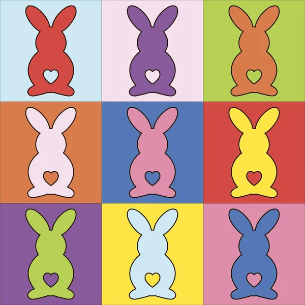 Paskalya Mavi Tavşanı ve yeşil beyaz arka planda pembe parlak yumurtalı Mutlu Paskalyalar tebrik kartı. Vektör illüstrasyonu