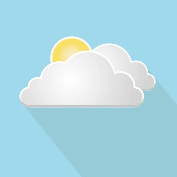 Beyaz bulutların arkasında düz sarı güneş. Hava durumu ikonu. Mavi arka planda gölgesi olan vektör çizimi. Kağıt sanatı tarzı 