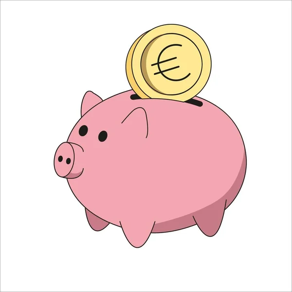 Avro parasıyla Pembe Domuz kumbarası. Beyaz arkaplanda düz çizgi biçiminde basit vektör illüstrasyonuName