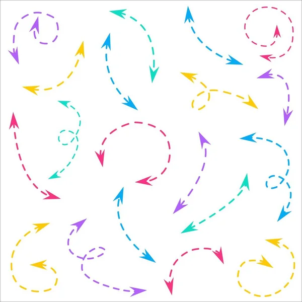 Set Aus Bunt Gepunkteten Pfeilen Handgezeichnete Einfache Und Spiralförmige Pfeilvektorsymbole — Stockfoto