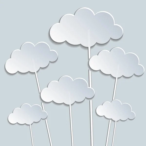Kağıt kesiği biçiminde parlak bulutları çubuğa yerleştir. Gri arkaplanda gölgesi olan 3D bulutlar dizayn edildi. Vektör illüstrasyonu.