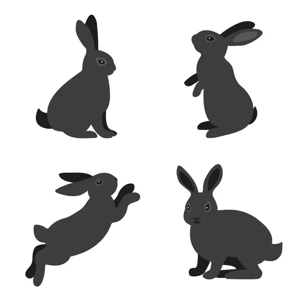 Rabbit Vector Cartoon Set Icon Four Dark Rabbits White Background — ストック写真