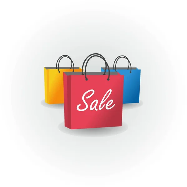 Renkli alışveriş torbaları. Satış metni ve beyaz arka planda gölge içeren paketler. Vektör illüstrasyonu.