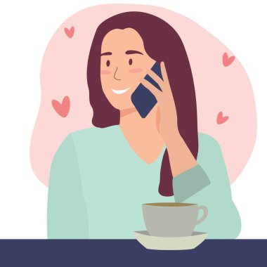 Güzel, mutlu bir kız telefonda konuşuyor. Akıllı telefona aşık bir kadın. Düz çizgi film vektör çizimi. 