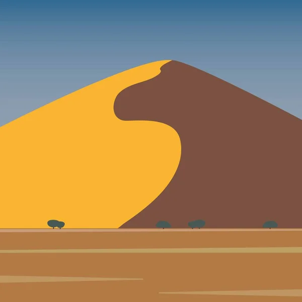 Desert landscape with sand blue sky and trees. Hot day in cartoon nature empty desert. Vector illustration.