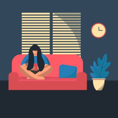 Kadın oturur ve akıllı telefon izler, yaşam tarzı yeni teknolojiler, sosyal ağlarda sohbet. Odadaki kanepede akıllı telefonu olan kız. Vektör illüstrasyonu.