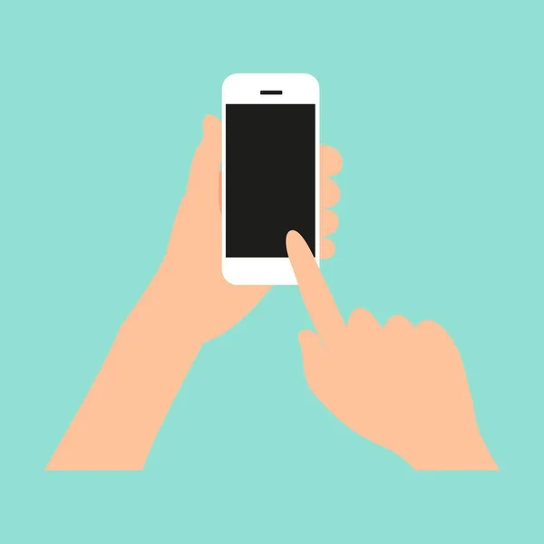 İnsan eli tutmak ve akıllı telefona dokunmak. iphone düz vektör illüstrasyonu. 