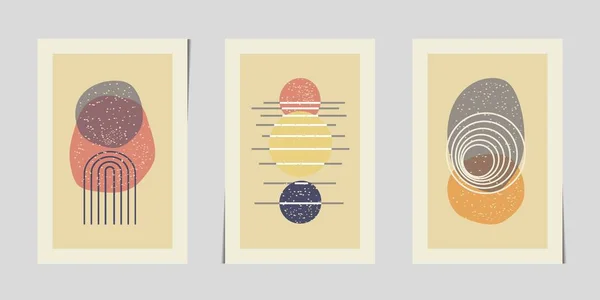 Set of three geometric abstract  posters. Modern art with watercolor shapes and lines on grey background. Vector illustration.