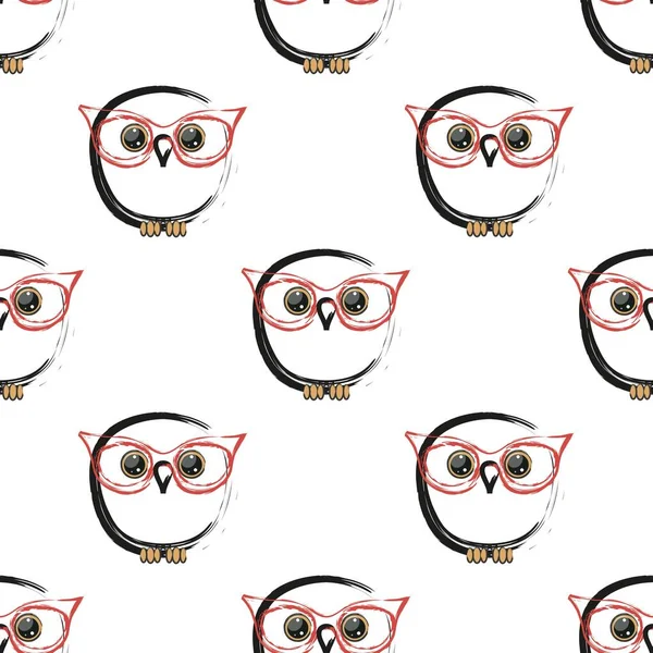 Beyaz arka planda sevimli baykuşlar olan kusursuz bir tekrarlama şekli. El çizimi karikatür tarzı. Vektör illüstrasyonu. 