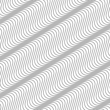 Gri çizgileri tekrarlayan soyut desen. Dalgalı desen, kıvrımlı çizgiler. Beyaz arka planda optik sanat tasarımı. Vektör illüstrasyonu.