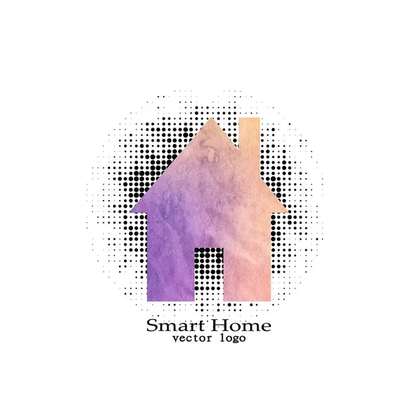 Beyaz arka planda Smart Home Hi-Tech logosu. Nokta desenli suluboya ev resmi. Vektör illüstrasyonu.
