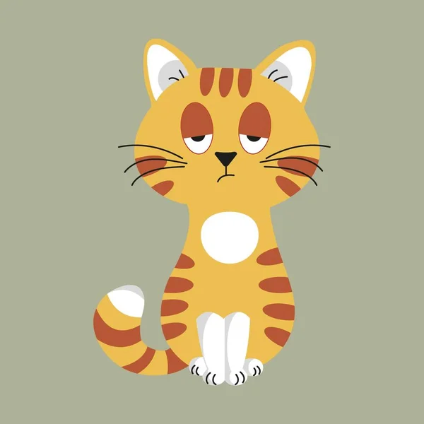 Çizgi filmdeki sıkılmış kırmızı kedi haki arka planda izole edilmiş. Çizgili kedi oturuyor. Vektör illüstrasyonu.