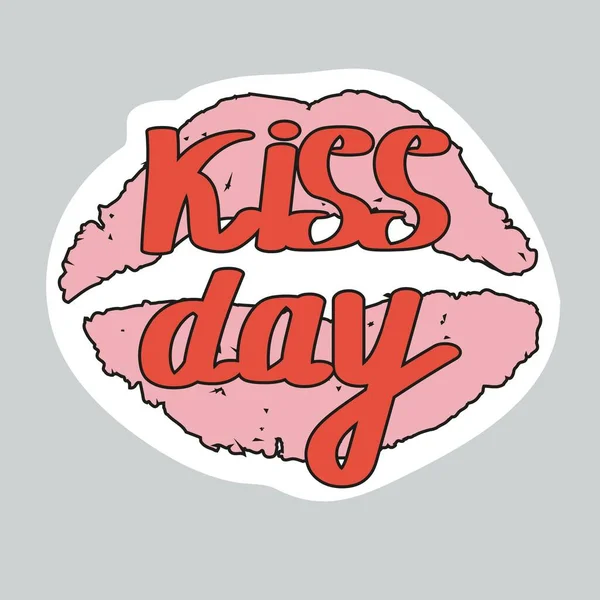 Dünya Öpüşme Günü çıkartması. Gri arka planda dudak kaligrafisi harf etiketi. Vektör illüstrasyonu.