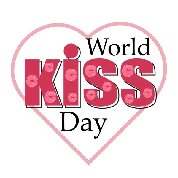 Uluslararası öpüşme günü tatili. Beyaz arka planda pembe ruj ve pembe kalple yazılmış bir mektup. Tipografi posteri, afiş, çıkartma, yüzey dokuları için şablon. Vektör illüstrasyonu.