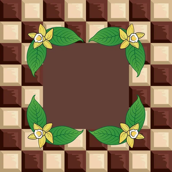 Dünya çikolata günü selamlama çerçevesi. Beyaz ve siyah acı çikolata, yapraklar ve çiçeklerle dolu bir tatil posteri. Vektör illüstrasyonu.