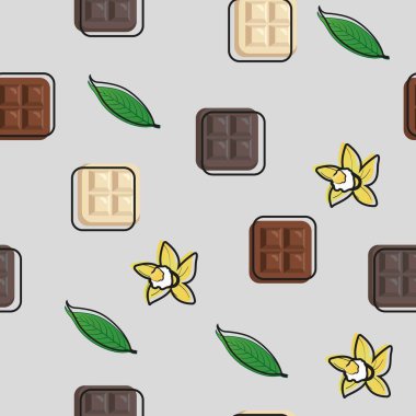 Dünya çikolatası günü pürüzsüz deseni. Beyaz sütten, acı siyah çikolatadan, çiçeklerden ve yapraklardan oluşan bir tasarım. Vektör illüstrasyonu.