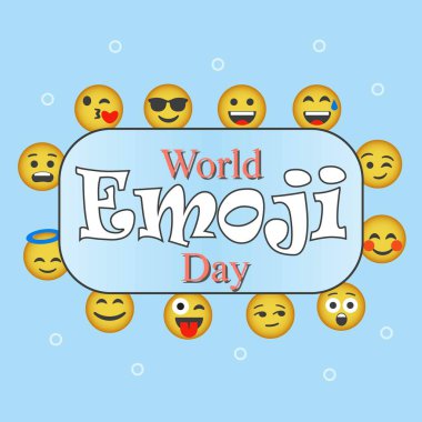 Dünya emoji günü vektör arkaplan şablonu. Şirin emoji yüzlü ve mavi boş arkaplanda farklı yüz ifadeli bir tebrik kartı tasarla. Vektör illüstrasyonu.