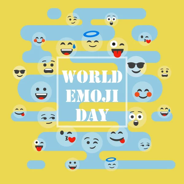 Dünya emoji günü vektör arkaplan şablonu. Çerçevede şirin emojiler ve sarı arka planda farklı yüz ifadeleri olan tebrik kartları tasarla. Vektör illüstrasyonu.