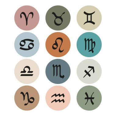 Zodiac sings  set. Horoscope and astrology black symbols icons in colorful circles on white background. Vector illustration.