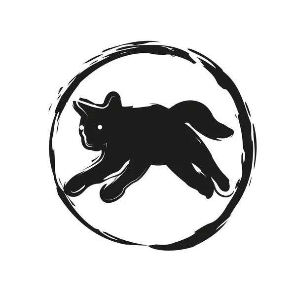 Kedi sıçrayışı el çizimi vektörü. Grunge tarzı fırça, beyaz arka planda yuvarlak çerçeveli hayvan silueti boyuyor. Vektör illüstrasyonu.