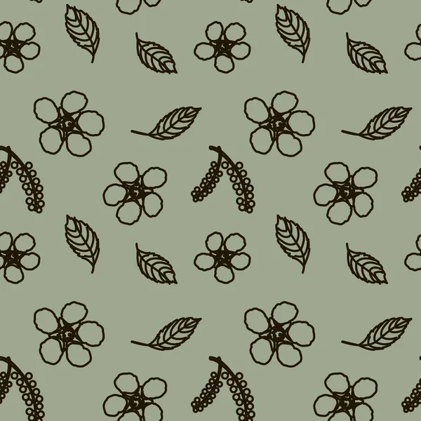 Kuş vişneli, dikişsiz desen. Yeşil arka planda siyah çiçek, kuş kiraz ağacı yaprakları ve böğürtlenler. Vektör illüstrasyonu.