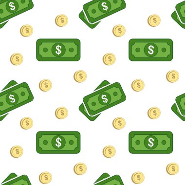 Dolarlar ve sentler kusursuz desen. Renkli Amerikan parası. Beyaz arka planda sarı sentler ve yeşil banknotlar. Vektör illüstrasyonu.
