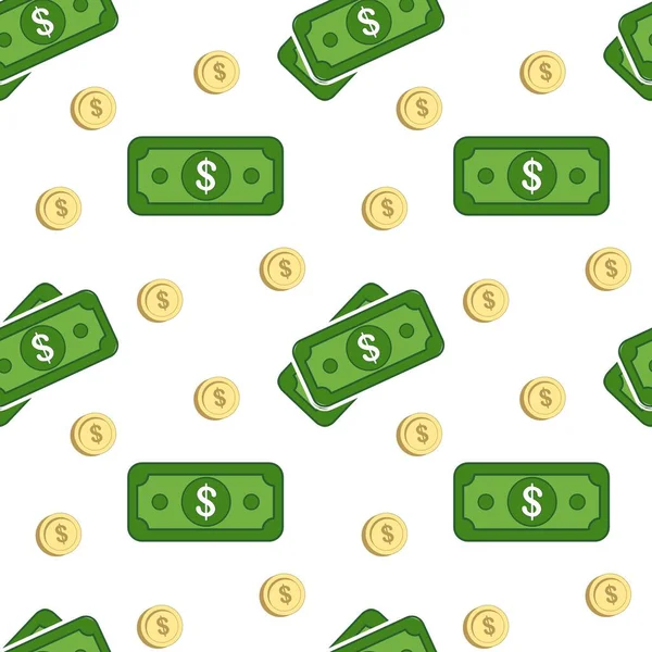 Dolarlar ve sentler kusursuz desen. Renkli Amerikan parası. Beyaz arka planda sarı sentler ve yeşil banknotlar. Vektör illüstrasyonu.