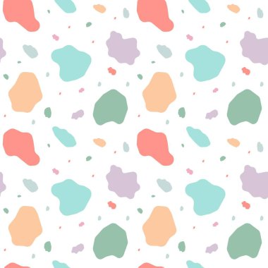 Renkli lekeleri olan sembolik bir el çizimi deseni. Kumaş baskısı için soyut süs, tebrik kartı. Vektör illüstrasyonu.