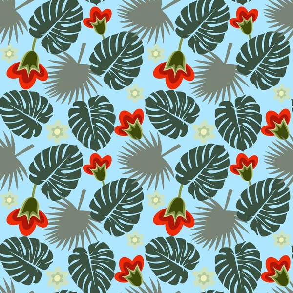 Tropik, pürüzsüz desen. Mavi arka planda yeşil egzotik yapraklar ve çiçekler. Vektör illüstrasyonu.