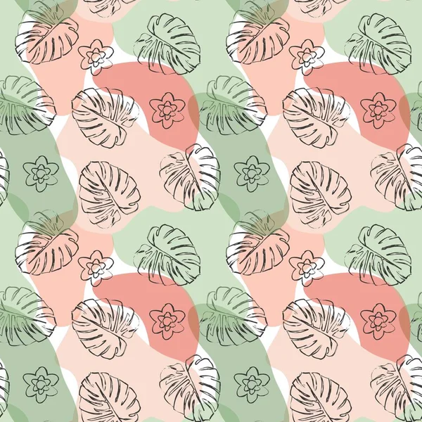 Tropik, pürüzsüz desen. Beyaz arka planda el yapımı canavar yaprakları, çiçekler ve suluboya lekeleri. Egzotik tasarım baskısı. Vektör illüstrasyonu.